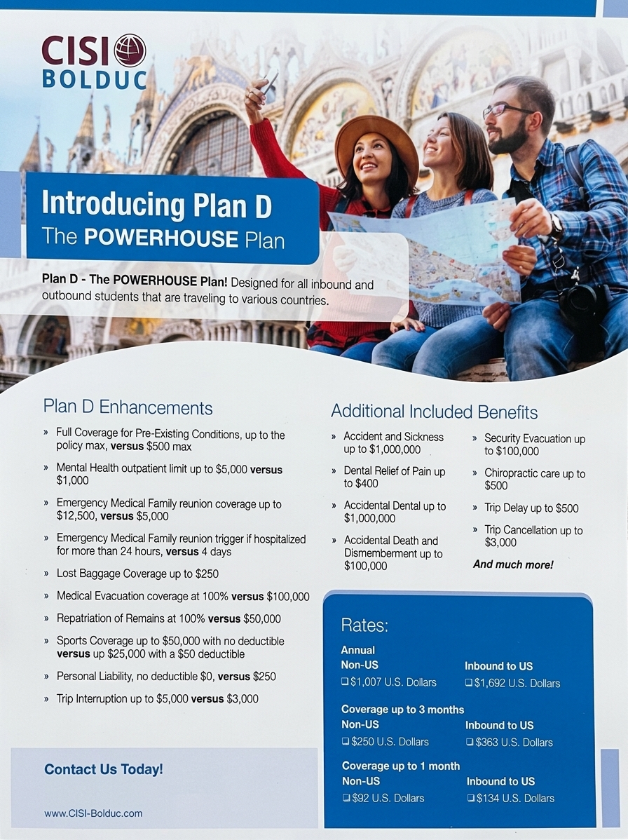 CISI Bolduc Plan D insurance poster with coverage details and rates for Rotary Youth Exchange students